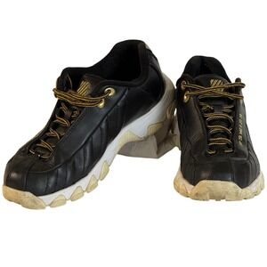 K-Swiss Women 6.5 Black Gold Leather Low Top Sneakers Memory Foam 93426-015